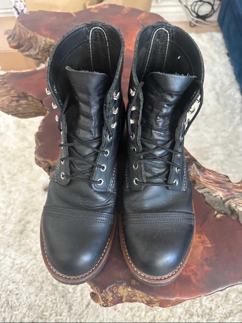 Red Wing Shoes Black Leather Lace-Up Work Boots with Brown Welt